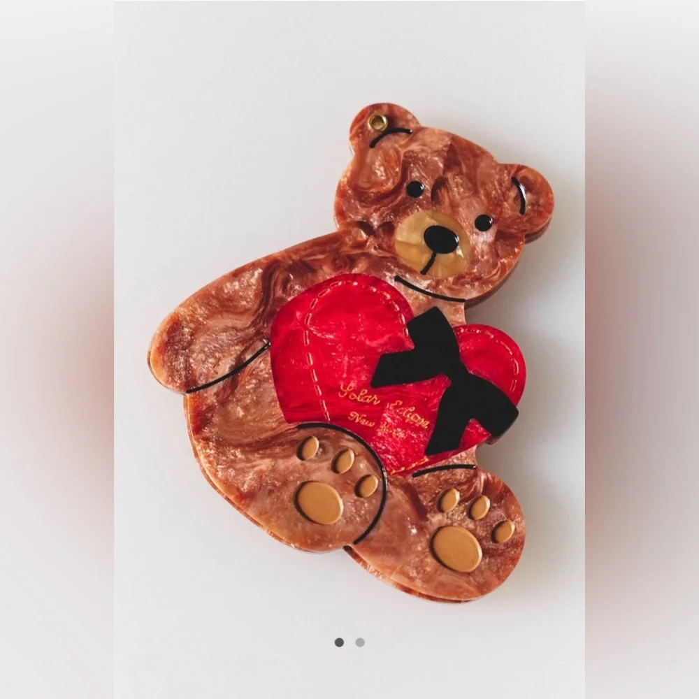 Anthropologie Solar Eclipse Heart Teddy Handpainted Compact Mirror NEW